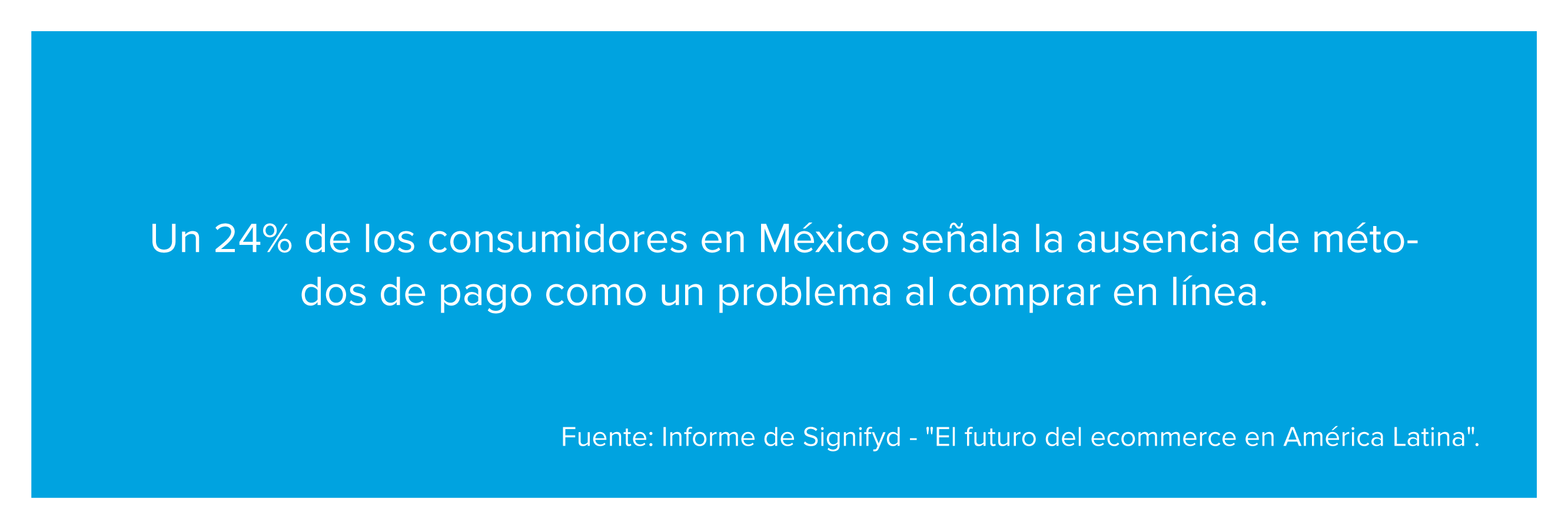 Datos que muestran que 24% de los consumidores en México señala la ausencia de métodos de pago como un problema al comprar en línea.