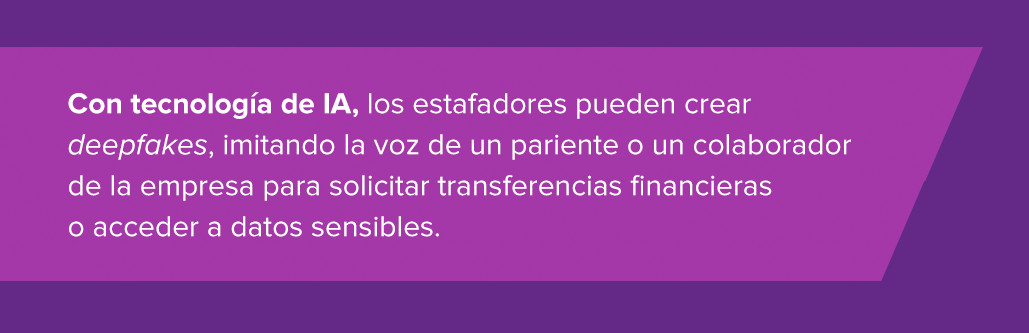 Con tecnología de IA, los estafadores pueden crear deepfakes, imitando la voz de un pariente o un colaborador de la empresa para solicitar transferencias financieras o acceder a datos sensibles.