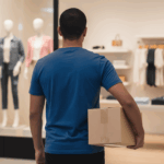 Un hombre sostiene una caja frente a una tienda de ropa, mirando el interior.