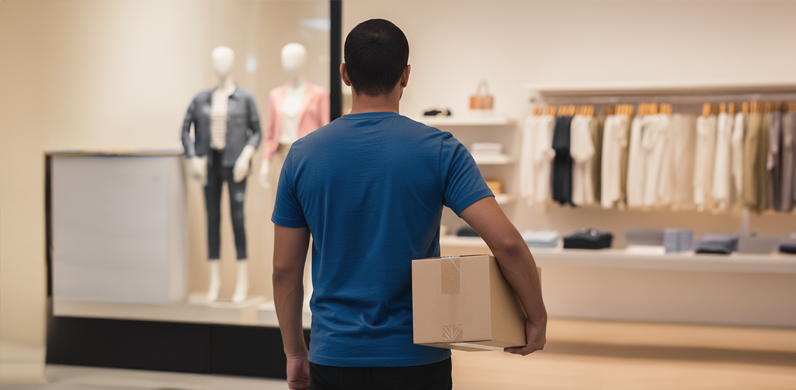 Un hombre sostiene una caja frente a una tienda de ropa, mirando el interior.